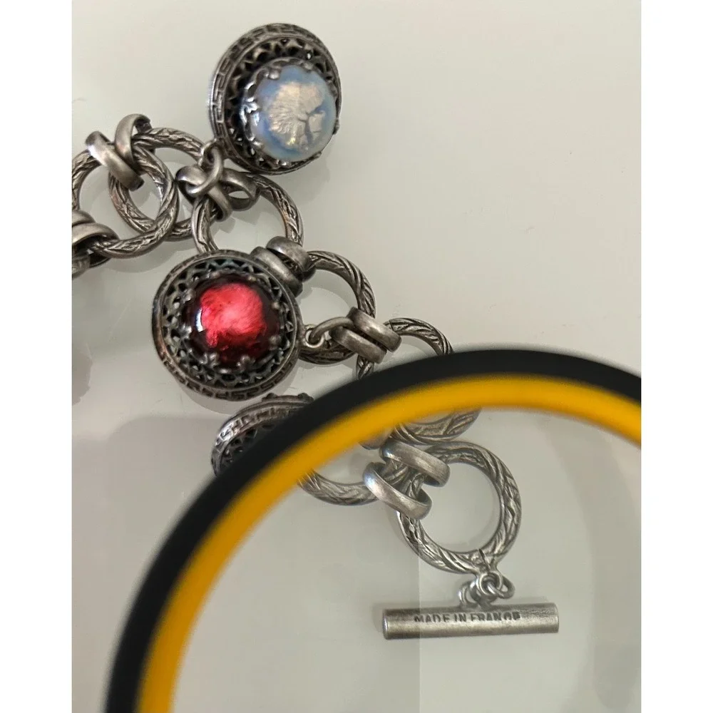 Vintage 70s Made in France Silver Charm Bracelet Art Glass Foil Cabochon Toggle